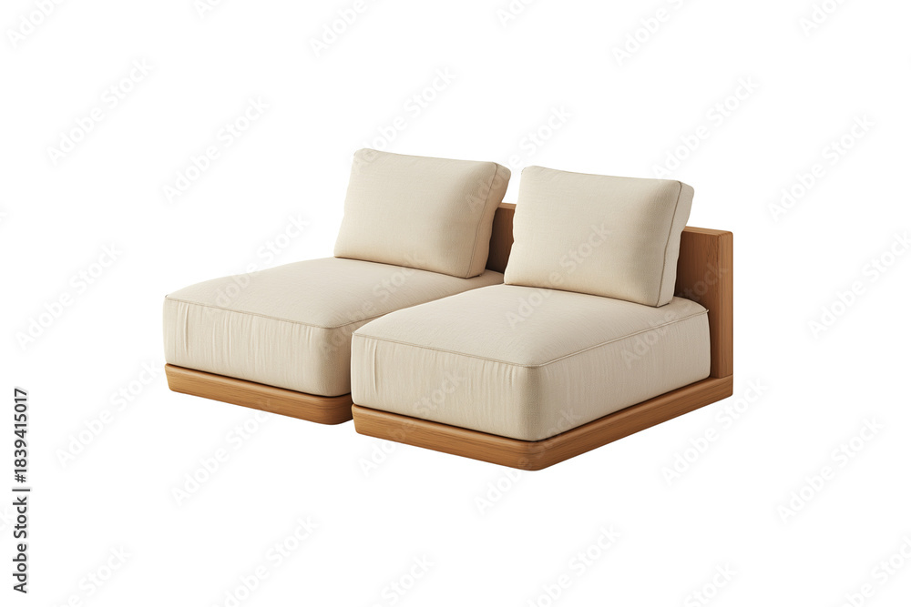 Fototapeta premium Beige Modular Sofa Sections with Wooden Base Vector Isolated on Transparent Background