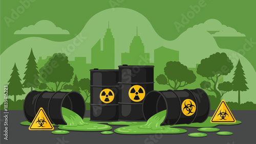 Black industrial barrels stamped with yellow hazard signs lie scattered, spilling toxic neon green sludge across the foreground while a hazy, monochromatic city skyline looms silently in the distance