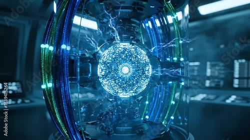 Futuristic Energy Core in a Sci Fi Laboratory with Blue and Green Lights