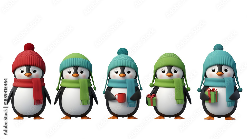 Fototapeta premium Charming cartoon penguins wearing colorful winter hats and scarves standing in a row isolated on transparent background
