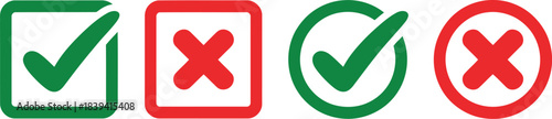 Green Check and Red X Symbols Set Featuring Square, Rectangle and Circle Shapes for Approval and Rejection Status Icons in User Interface, Web, App, Validation, Confirmation and Error Design Systems