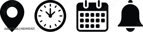 Location Pin Marker, Analog Clock Showing 10 10, and Monthly Calendar Icon Set with 31 Days for Schedule, Reminder, Planning, Travel, Appointment, Event Management and Business Time Organization Desig