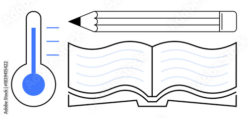 Education, learning, teaching resources, measurement, academic progress, writing. Icons of a thermometer, pencil and an open book. Education and learning