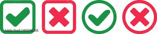 Green Check and Red X Symbols Set Featuring Square, Rectangle and Circle Shapes for Approval and Rejection Status Icons in User Interface, Web, App, Validation, Confirmation and Error Design Systems