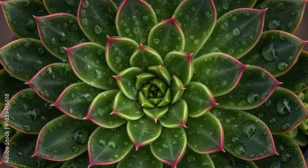 Obraz premium Symmetrical arrangement of dark green succulent plant leaves covered in fresh water droplets