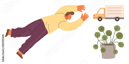 Man airborne, reaching for a moving truck, with a potted plant beside him. Ideal for chaos, urgency, action, deliveries, logistics humor adaptability. A quirky simple flat metaphor