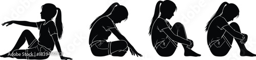 Black silhouettes of a young, sad girl sitting alone on the ground in four different poses, depicting depression, loneliness, isolation, anxiety, and deep thought against a white background