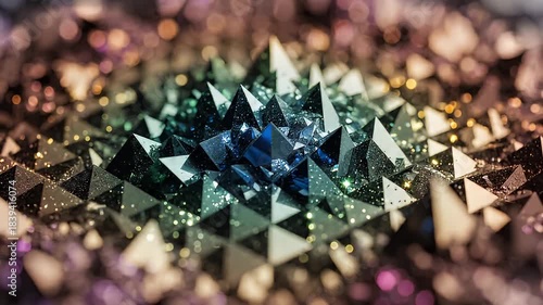Geometric Crystal Structures with Golden Sparkles and Soft Bokeh Lighting