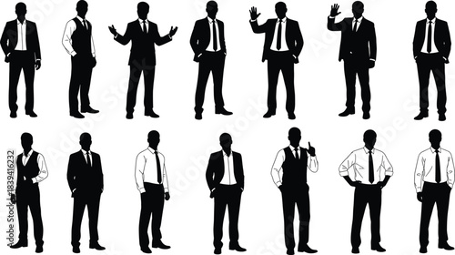 Business men silhouette collection standing in professional poses showing leadership confidence corporate identity teamwork success and formal workplace attitude