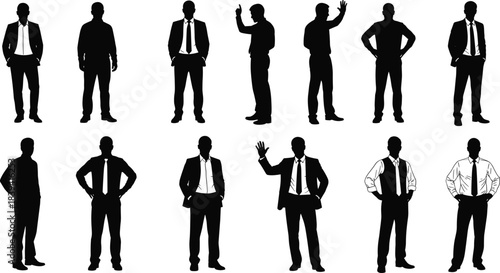 Business men silhouette standing in different confident poses showing leadership professional success teamwork corporate identity and formal workplace attitude