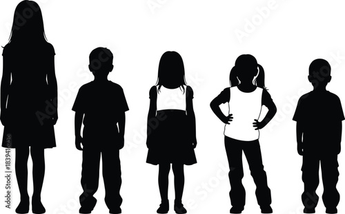 Children silhouette standing in a line showing childhood innocence diversity identity confidence unity growth education friendship and social development