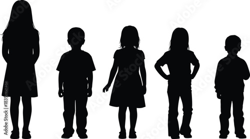 Children silhouette standing in a row showing childhood innocence growth diversity identity confidence unity education friendship and social development