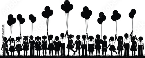 Happy children silhouette holding balloons together during outdoor celebration showing friendship unity freedom childhood joy community bonding playful summer memory