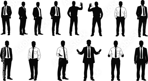 Business men silhouette collection standing and gesturing showing professional confidence leadership teamwork corporate success formal style and workplace communication