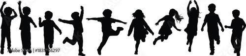 Black Silhouette Set of Diverse Energetic Children Jumping, Running, and Playing Happily, Vector Graphics Illustrating Childhood Freedom, Fun, and Active Movement, Isolated on White