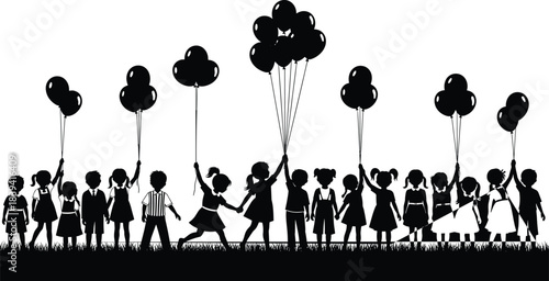 Happy children silhouette holding balloons in celebration unity friendship freedom childhood joy group together outdoor playful festive scene summer concept