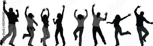 Happy energetic people silhouette jumping dancing together in celebration of freedom youth unity party joy movement lifestyle energy fun spirit