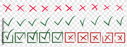 hand drawn check tick mark icon set. tick, cross signs for checkbox, checklist, v and x in sketch doodle brush marker checklist symbol wrong right circle. vector illustration