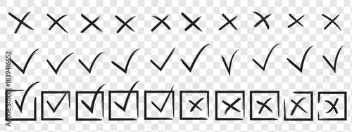 hand drawn check tick mark icon set. tick, cross signs for checkbox, checklist, v and x in sketch doodle brush marker checklist symbol wrong right circle. vector illustration