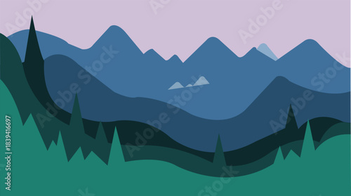 Minimalist layered mountain range landscape with pine trees and soft twilight sky