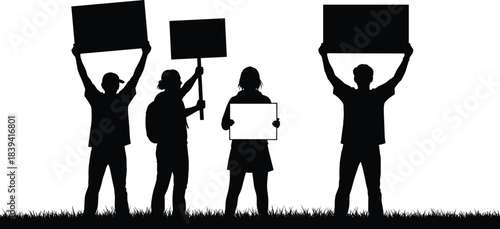 People silhouette holding blank protest signs together showing freedom speech activism unity social voice public opinion and peaceful demonstration movement