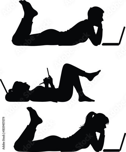 People silhouette lying and using laptop showing modern digital lifestyle remote work online learning relaxation comfort and flexible home technology