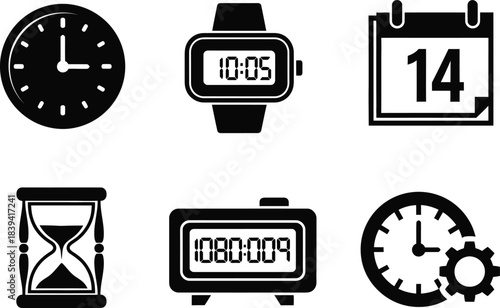Black bold neat icons of neat clock watch calendar date hourglass timer clock set time management vector