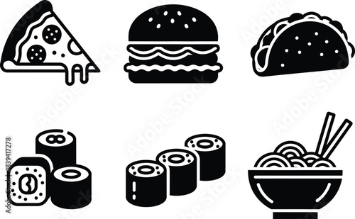 Black bold neat icons of neat pizza burger taco sushi ramen bowl food dish set