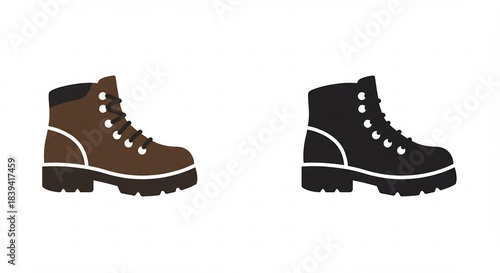 山道やアウトドアに最適な丈夫なハイキングブーツ二足ブラウンとブラックのシンプルで使いやすいベクターイラスト. AI Generated