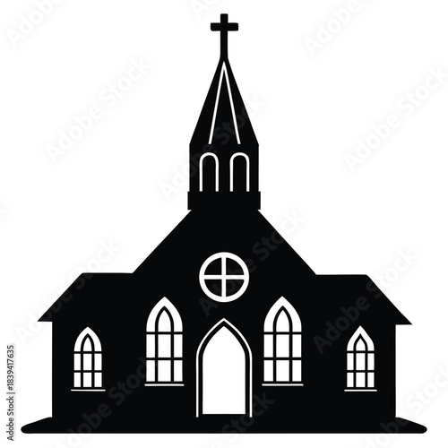 Silhouette black church building design with cross on steeple. religious church design