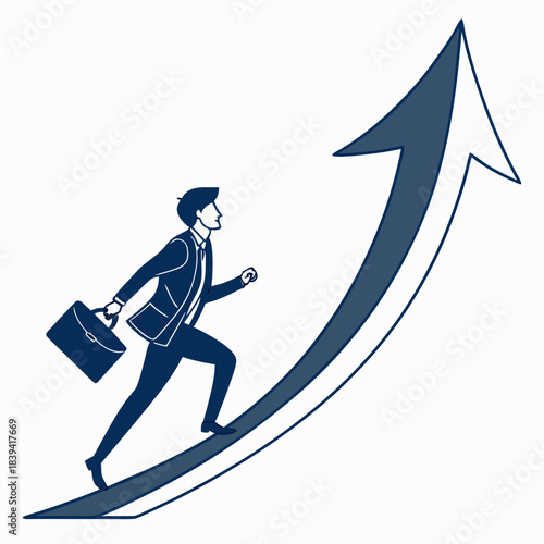 Businessman climbing up a large upwardpointing arrow representing growth and success