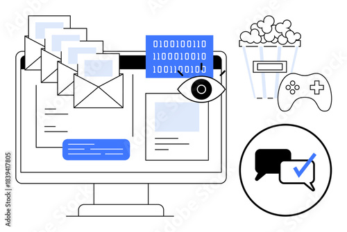 Computer screen with emails, binary code, and a viewing eye, beside popcorn, game controller, and chat bubbles. Ideal for online communication, digital security, social media entertainment data