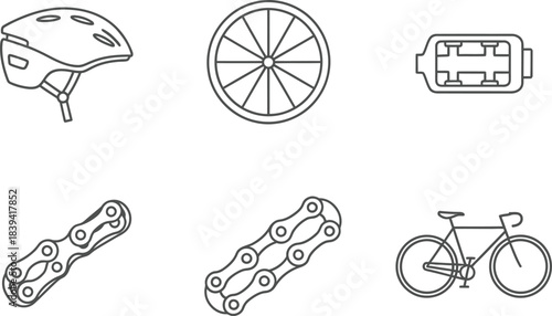 Black outlines neat icons of neat bicycle helmet wheel chain pedal sport cycle set