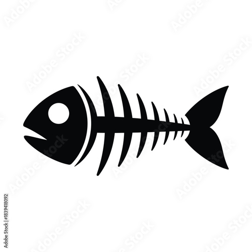 Stylized fish skeleton graphic vector icon in black, ideal for environmental, food waste, or marine biology concepts.
