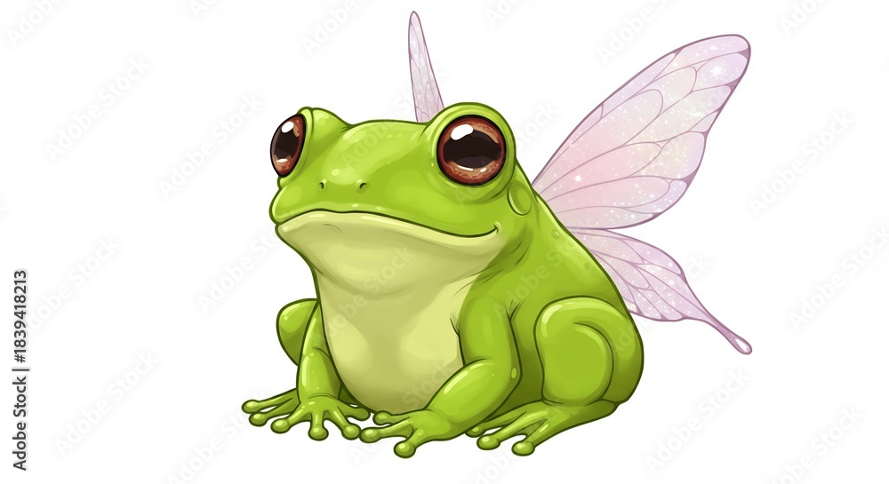 Fototapeta premium 鮮やかな緑色の体に繊細に輝く半透明の羽根を持つ愛らしいカエルが優しい眼差しでちょこんと座る 魔法と夢に満ちた幻想的な世界観を表現した魅力的なイラストレーション. AI Generated