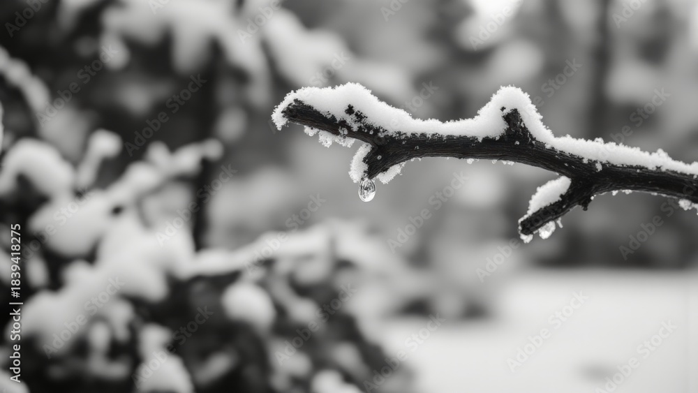 Obraz premium A single, glistening droplet clings to a frosted branch, stark against a blurred, snow-dusted background. Delicate ice crystals coat the twig, highlighting its texture and the droplet's fragile hold.