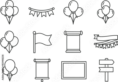 Clean white bold icons of neat balloon flag ribbon banner poster sign event decor set