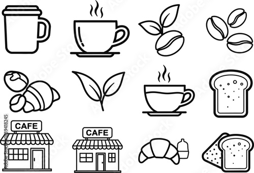 Clean white bold icons of neat coffee tea mug cup bean leaf cafe breakfast set