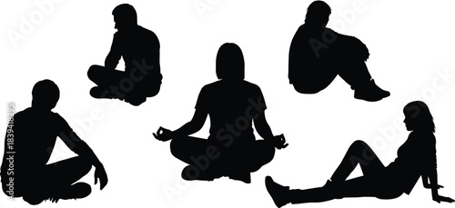 People silhouette sitting in relaxed meditation poses showing calm mindfulness balance inner peace yoga relaxation reflection and spiritual wellness lifestyle harmony