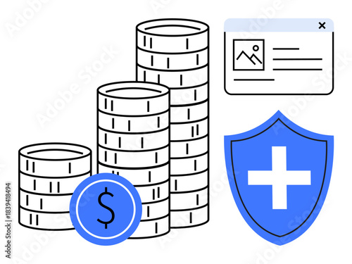 Financial security, digital safety, online transactions, data protection, healthcare financing, business security. Stacked coins, shield with cross and a digital window icon. Financial security