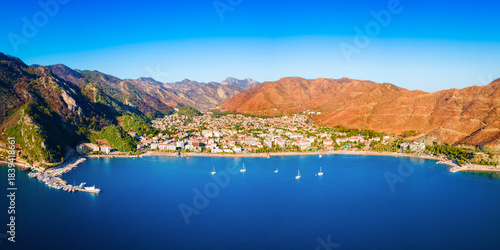 Fototapeta Naklejka Na Ścianę i Meble -  Icmeler town beach aerial panoramic view in Turkey
