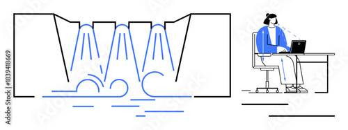Water management concept. Hydropower illustrated with dam and flowing water, paired with remote work productivity and eco-conscious practices. Water management and renewable energy, environmental