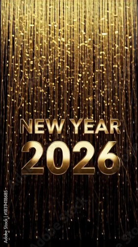 Golden Metallic New Year 2026 Text with Falling Sparkles on Black Background