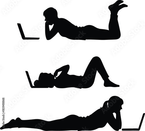 People silhouette using laptop while lying relaxed showing modern digital lifestyle remote work online learning comfort and flexible home technology