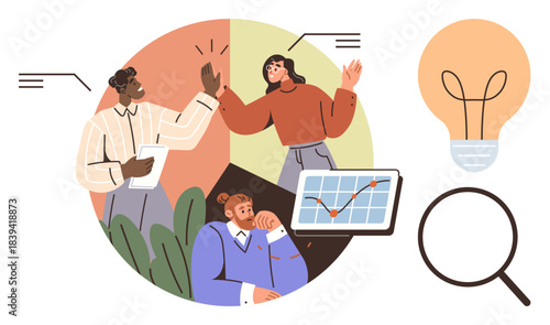 Group exchanging ideas, data chart analysis, high-five symbolizing collaboration, man thinking. Light bulb for creativity and magnifying glass for research. Ideal for teamwork, innovation, research