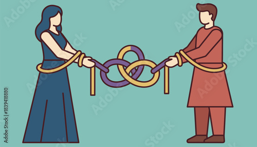 A couple participating in a ritual of tying a sacred knot representing their bond and the intertwining of their lives.