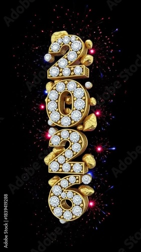 Luxurious Golden 2026 Numbers Adorned with Sparkling Diamonds and Festive Fireworks Display