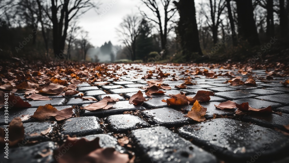 Obraz premium Cobblestone path covered in fallen leaves. A hazy, dark silhouette looms in the distant background. The scene conveys a sense of stillness and fading light.