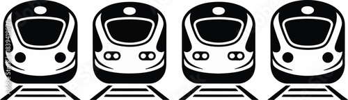 Four modern high-speed train icons on railway tracks, black vector