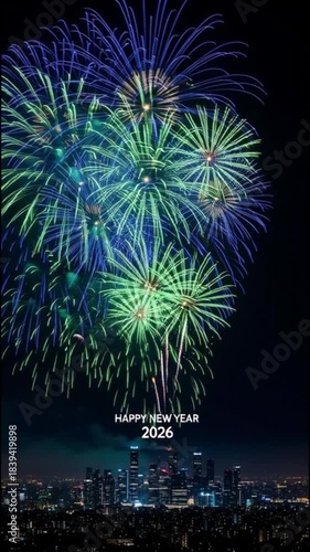 Spectacular Blue and Green Fireworks Exploding Over a Vibrant City Skyline at Night, Welcoming 2026